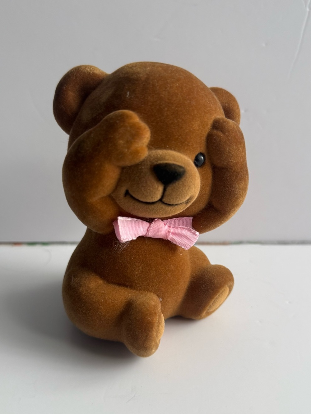 Vtg Flocked Teddy Bear Piggy bank Figure Adorable Bow Brown Cute EUC